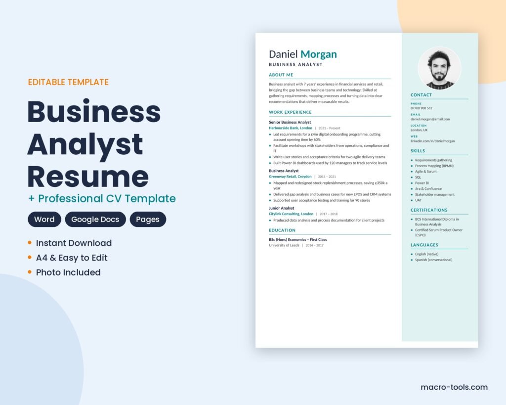 Business Analyst resume template – Word CV
