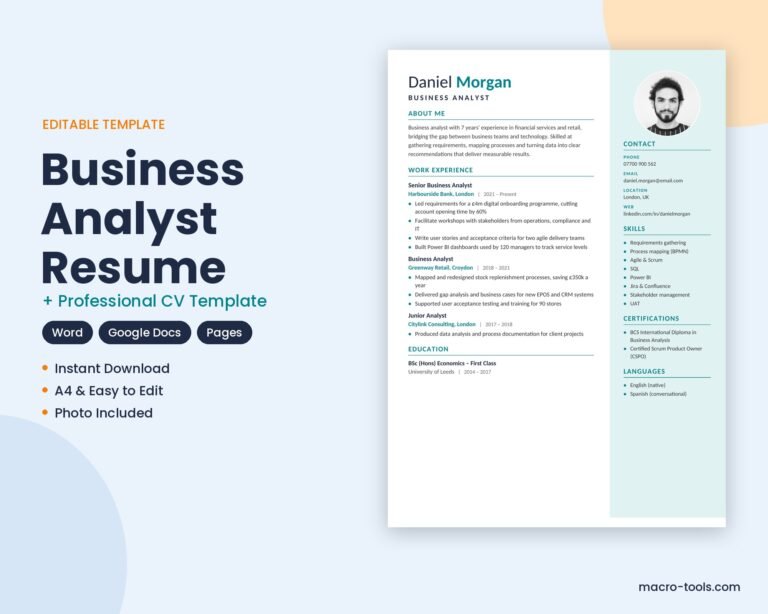 Business Analyst resume template – Word CV