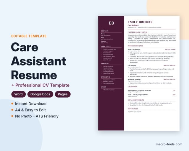 Care Assistant resume template – Word CV