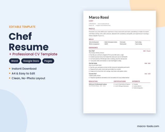 Chef resume template – Word CV
