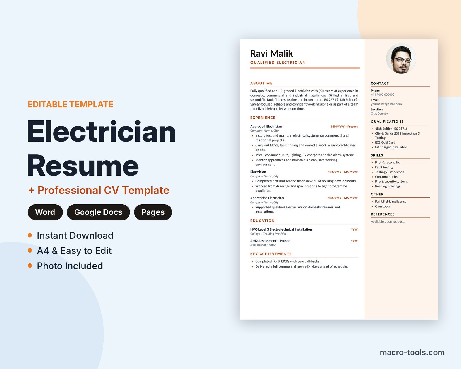 Electrician resume template – Word CV
