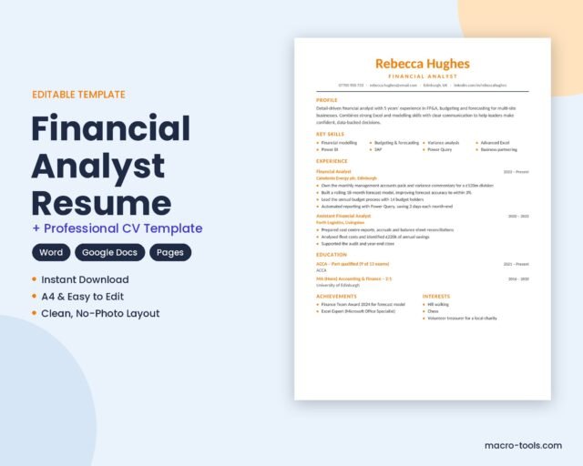 Financial Analyst Resume Template – Classic CV Layout, No Photo (Word)