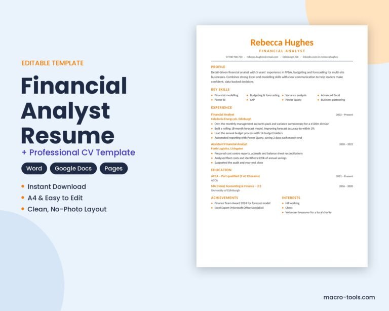 Financial Analyst resume template – Word CV