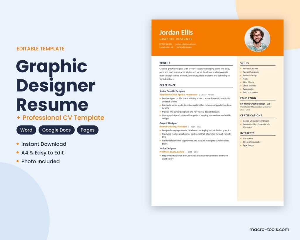Graphic Designer resume template – Word CV