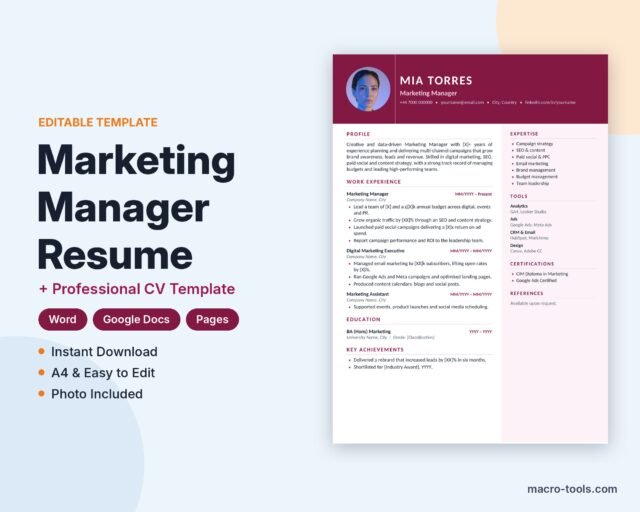 Marketing Manager resume template – Word CV