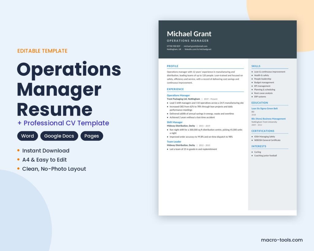 Operations Manager resume template – Word CV