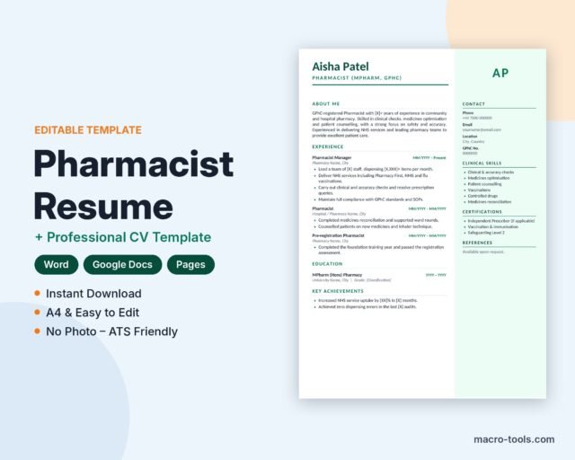Pharmacist resume template – Word CV
