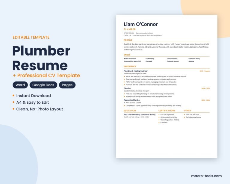 Plumber resume template – Word CV