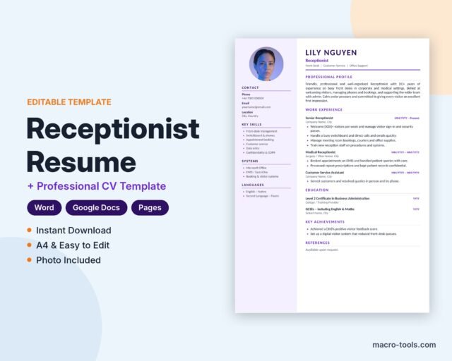 Receptionist resume template – Word CV