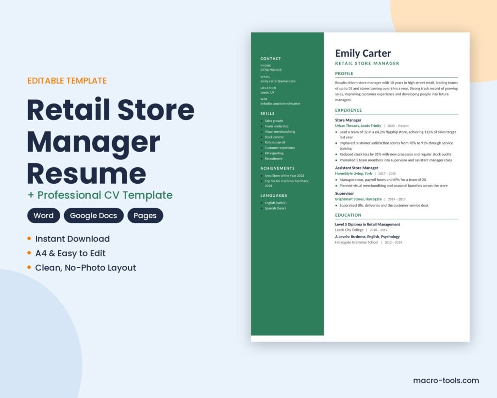 Retail Store Manager resume template – Word CV