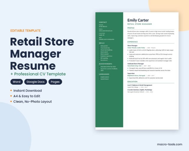 Retail Store Manager Resume Template – Modern CV Layout, No Photo (Word)