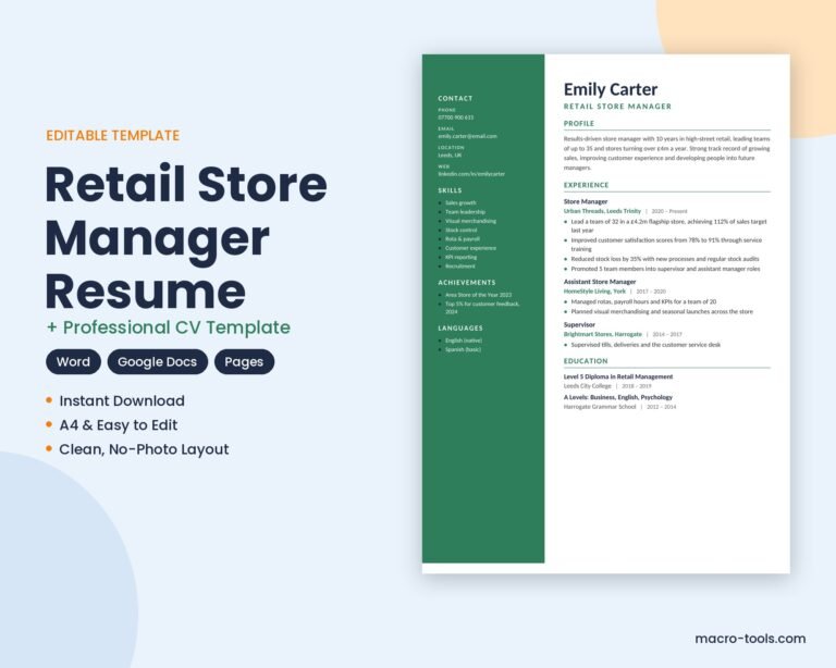 Retail Store Manager resume template – Word CV