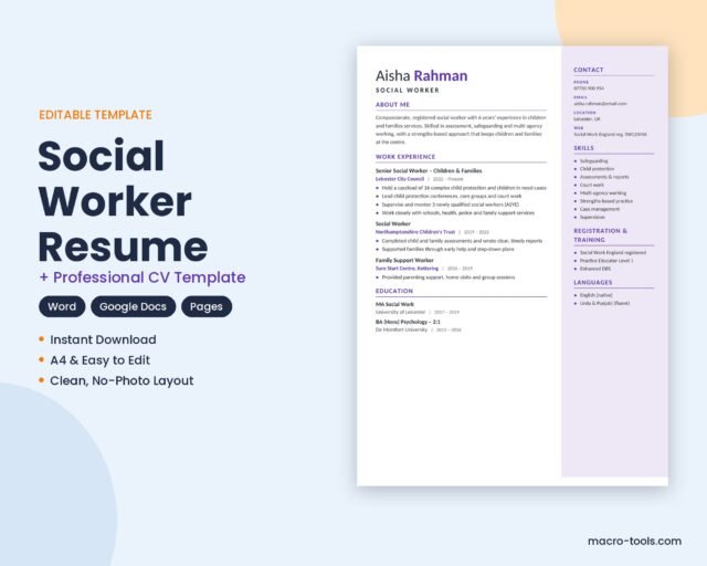 Social Worker Resume Template – Two-Tone CV Layout, No Photo (Word)