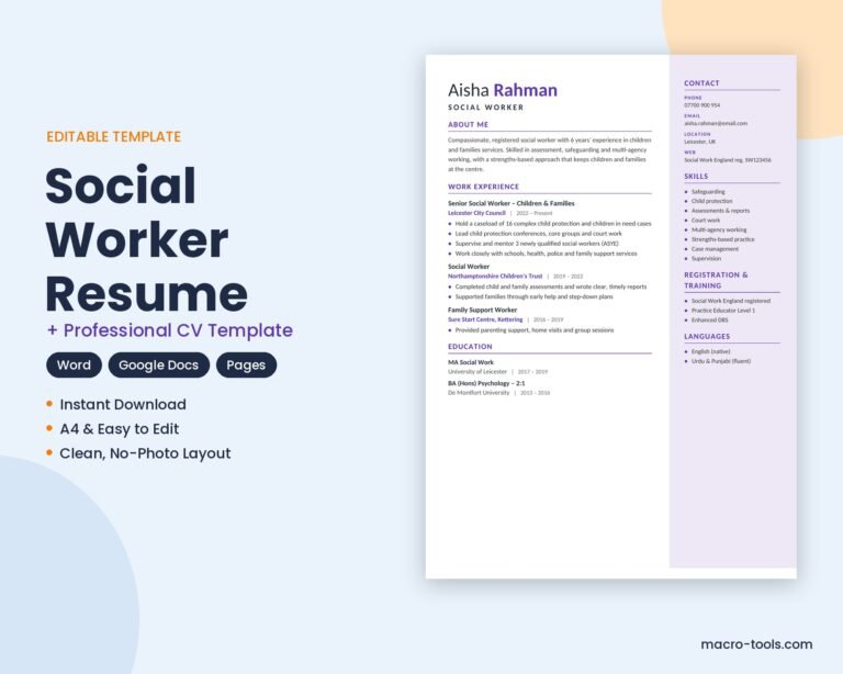 Social Worker resume template – Word CV