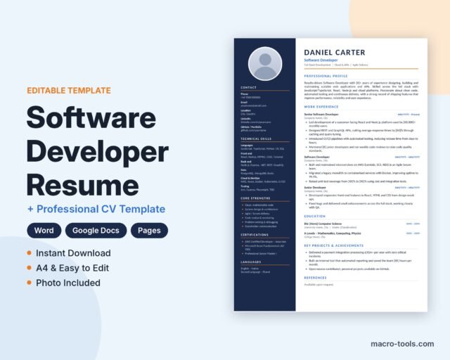 Software Developer resume template with photo – Word CV