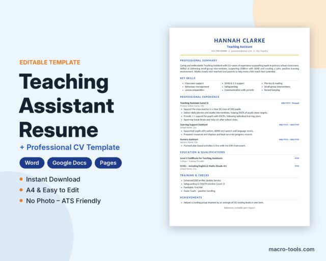 Teaching Assistant resume template – Word CV