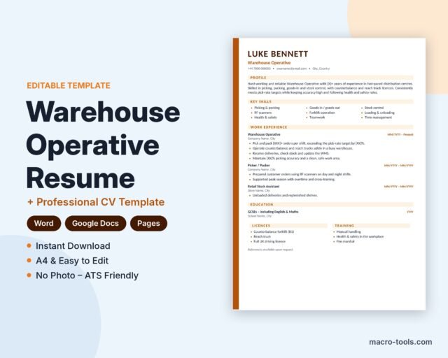 Warehouse Operative resume template – Word CV