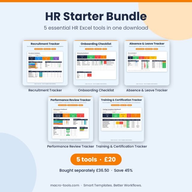 HR Starter Bundle – 5 Excel HR Templates: Recruitment, Onboarding, Absence, Performance & Training
