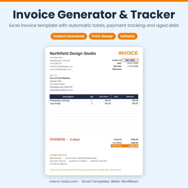 Invoice Generator & Tracker – Excel Invoice Template with Payment Tracking & Aged Debt