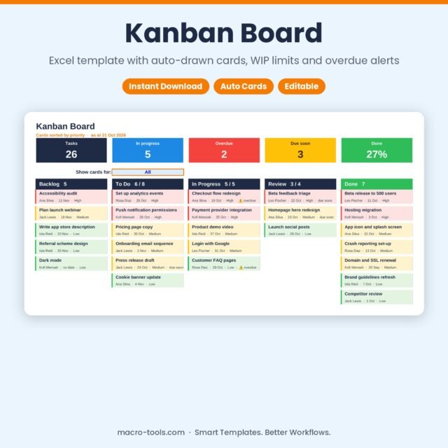 Kanban Board – Excel Task Board Template with WIP Limits & Overdue Alerts