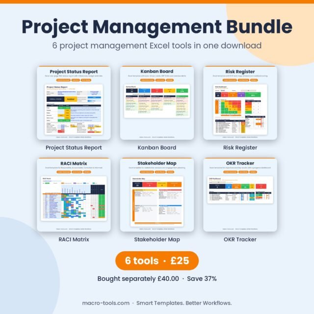 Project Management Bundle – 6 Excel Templates: Status Report, Kanban, Risk Register, RACI, Stakeholder Map & OKR
