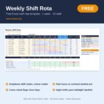 Free weekly shift rota Excel template showing a 1-week staff rota with colour-coded shifts and cover check