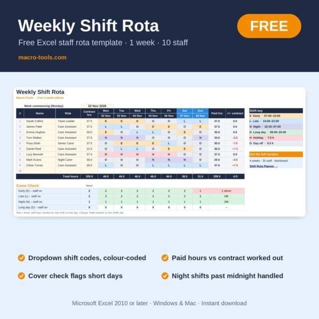 Free Shift Rota Template – Excel Weekly Staff Rota (1 Week, 10 Staff)