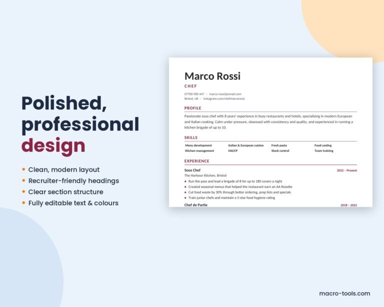 Chef CV design close-up
