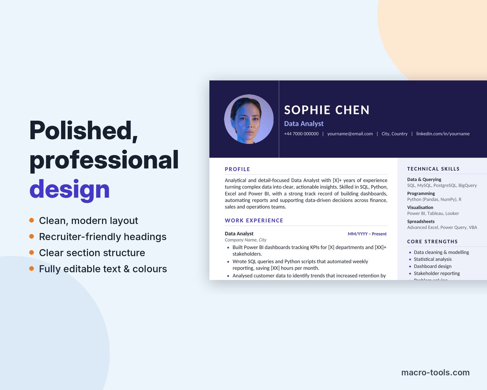 Data Analyst CV design close-up