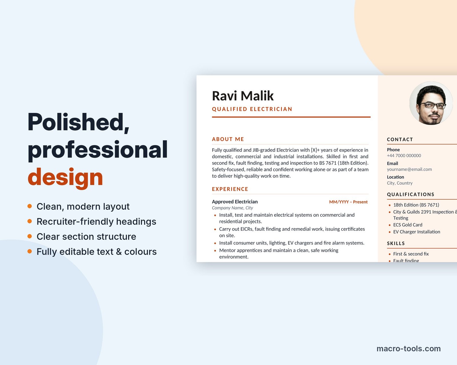 Electrician CV design close-up