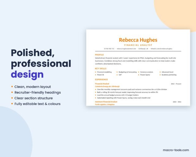 Financial Analyst Resume Template – Classic CV Layout, No Photo (Word)