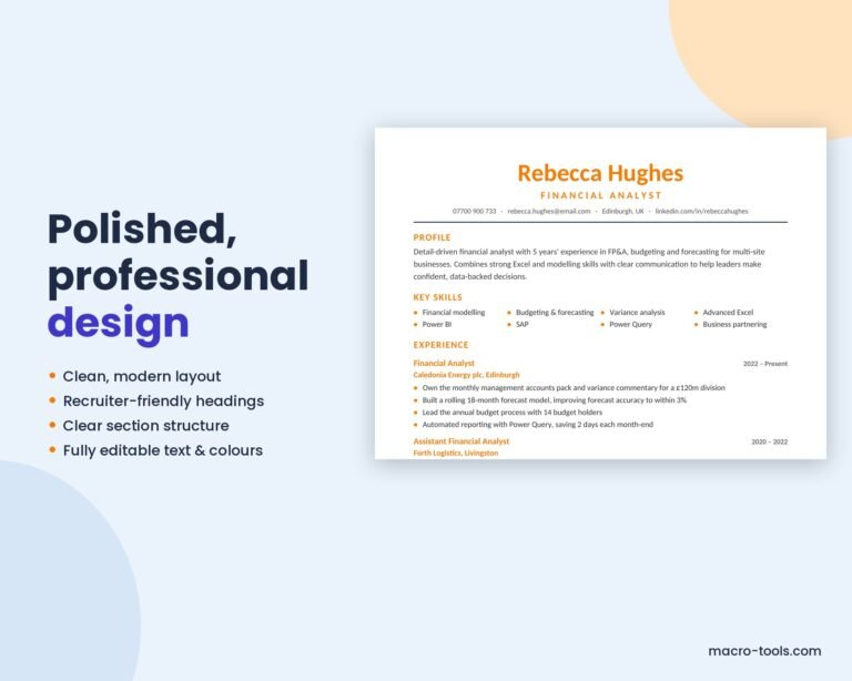 Financial Analyst CV design close-up