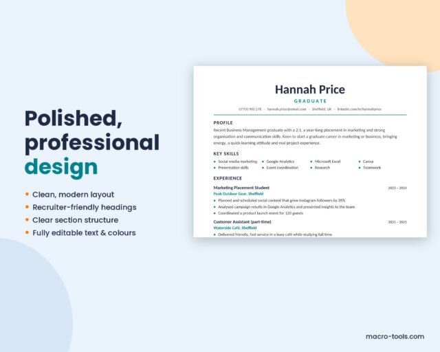 Graduate Resume Template – Classic CV Layout, No Photo (Word)