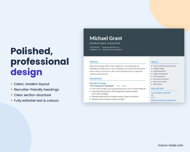 Operations Manager Resume Template – Bold CV Layout, No Photo (Word)