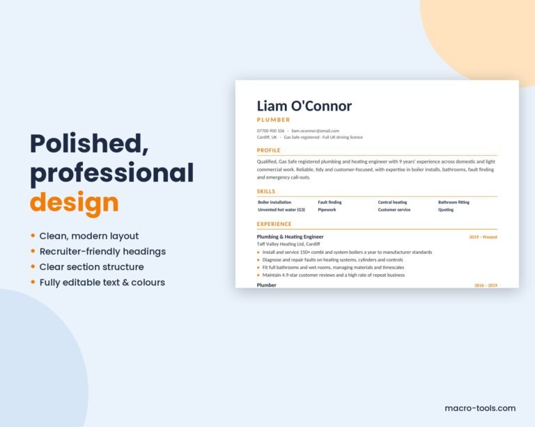Plumber CV design close-up