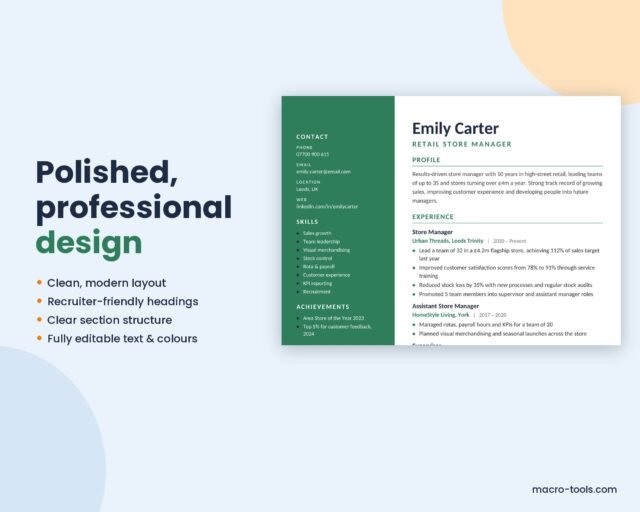 Retail Store Manager Resume Template – Modern CV Layout, No Photo (Word)