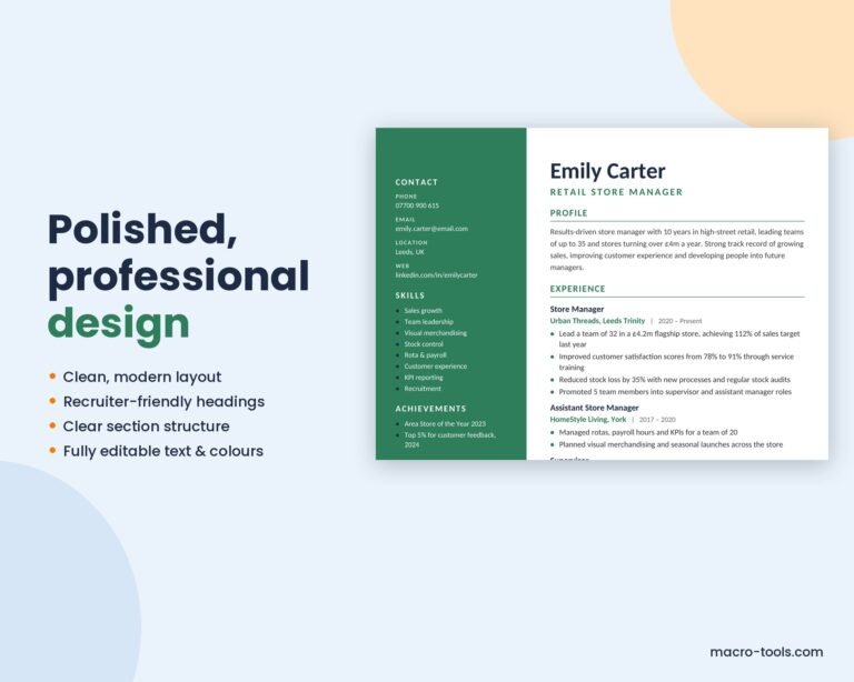 Retail Store Manager CV design close-up
