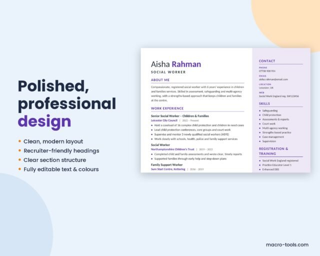 Social Worker Resume Template – Two-Tone CV Layout, No Photo (Word)