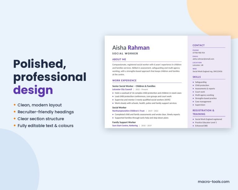 Social Worker CV design close-up