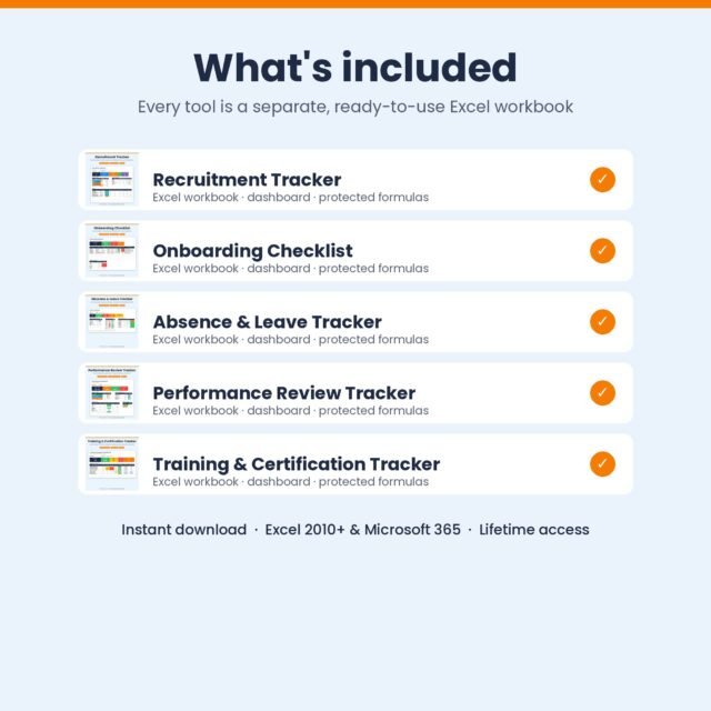 HR Starter Bundle – 5 Excel HR Templates: Recruitment, Onboarding, Absence, Performance & Training