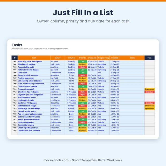 Kanban Board – Excel Task Board Template with WIP Limits & Overdue Alerts