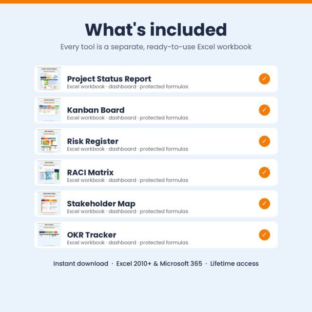 Project Management Bundle – 6 Excel Templates: Status Report, Kanban, Risk Register, RACI, Stakeholder Map & OKR