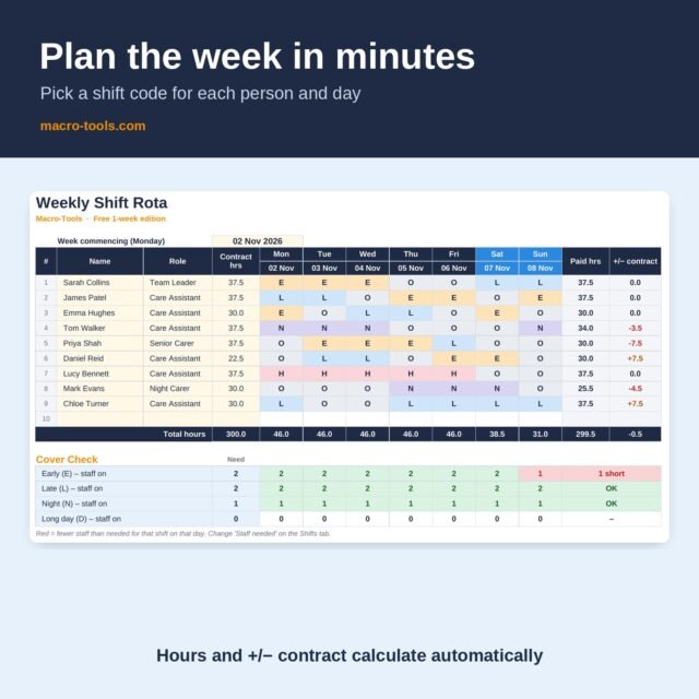 Free Shift Rota Template – Excel Weekly Staff Rota (1 Week, 10 Staff)