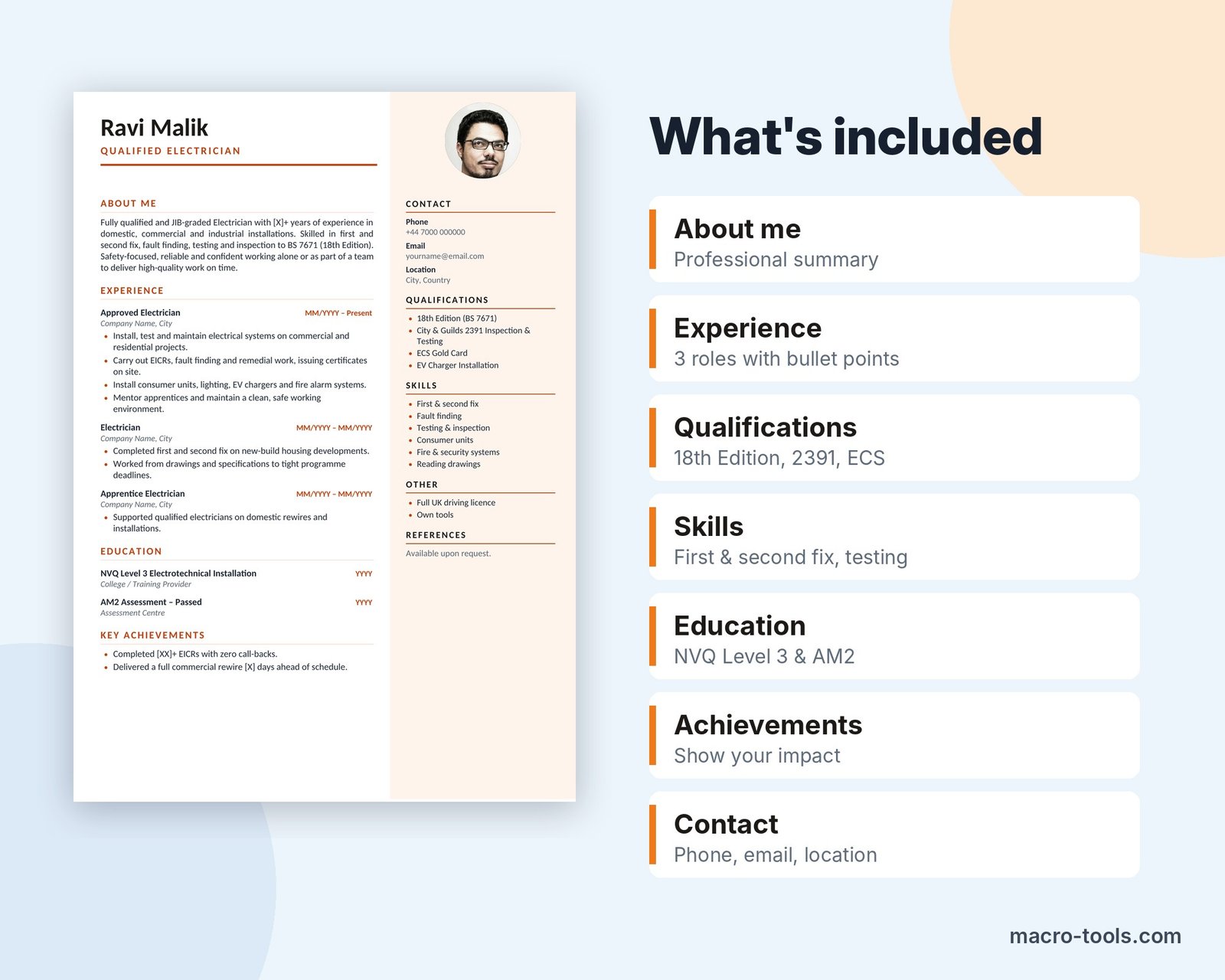 What is included in the Electrician resume template