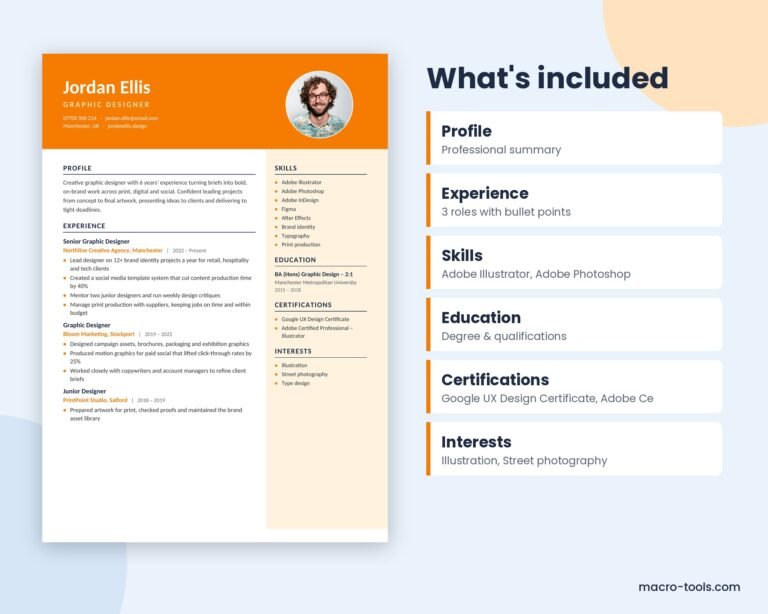 What is included in the Graphic Designer resume template