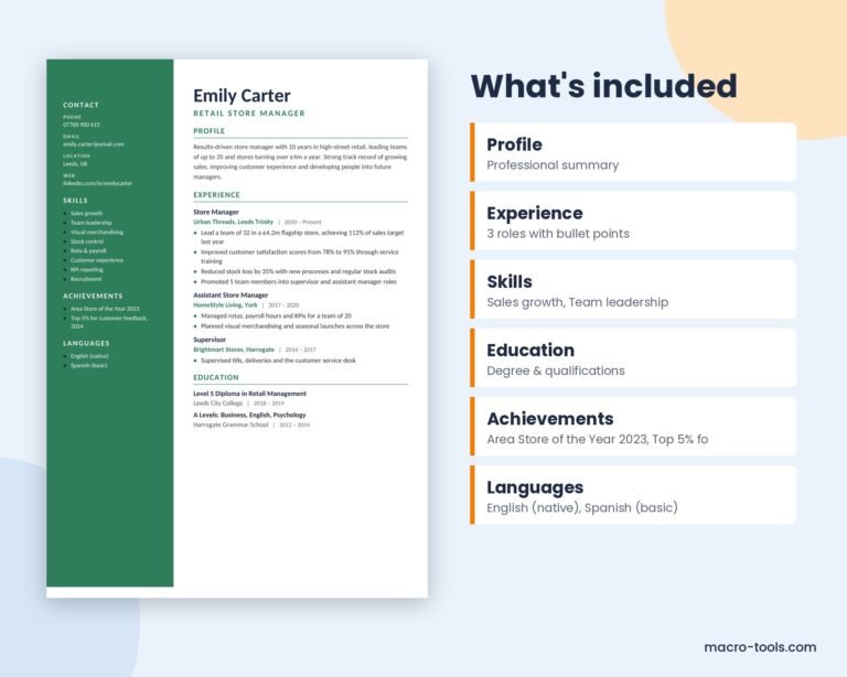 What is included in the Retail Store Manager resume template