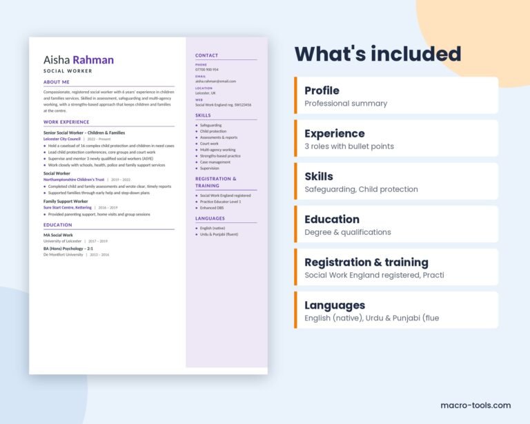 What is included in the Social Worker resume template