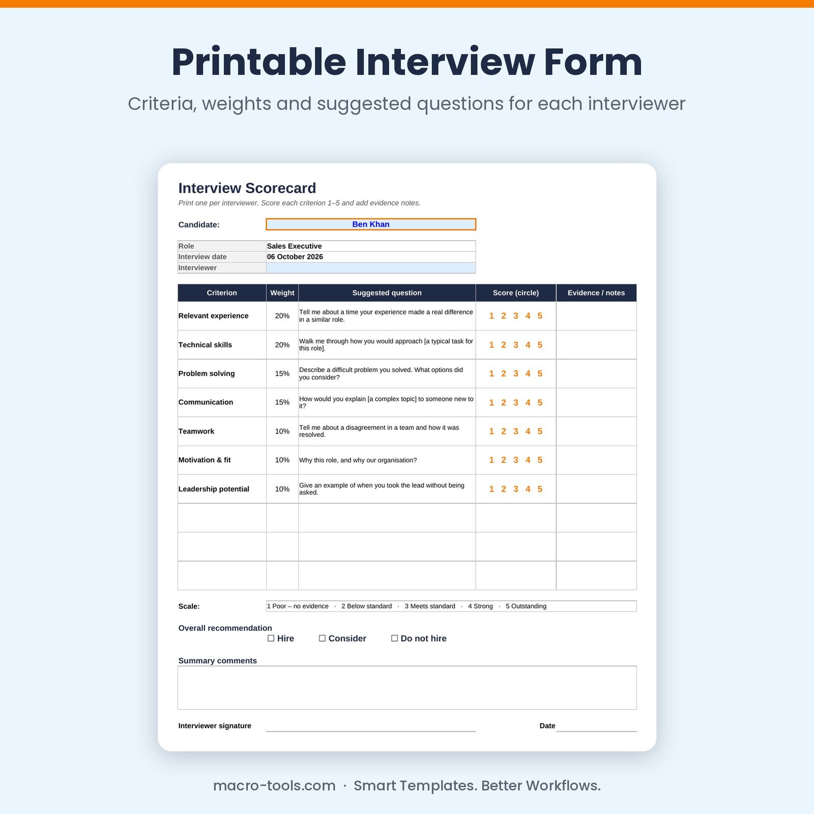 Printable interview scorecard form