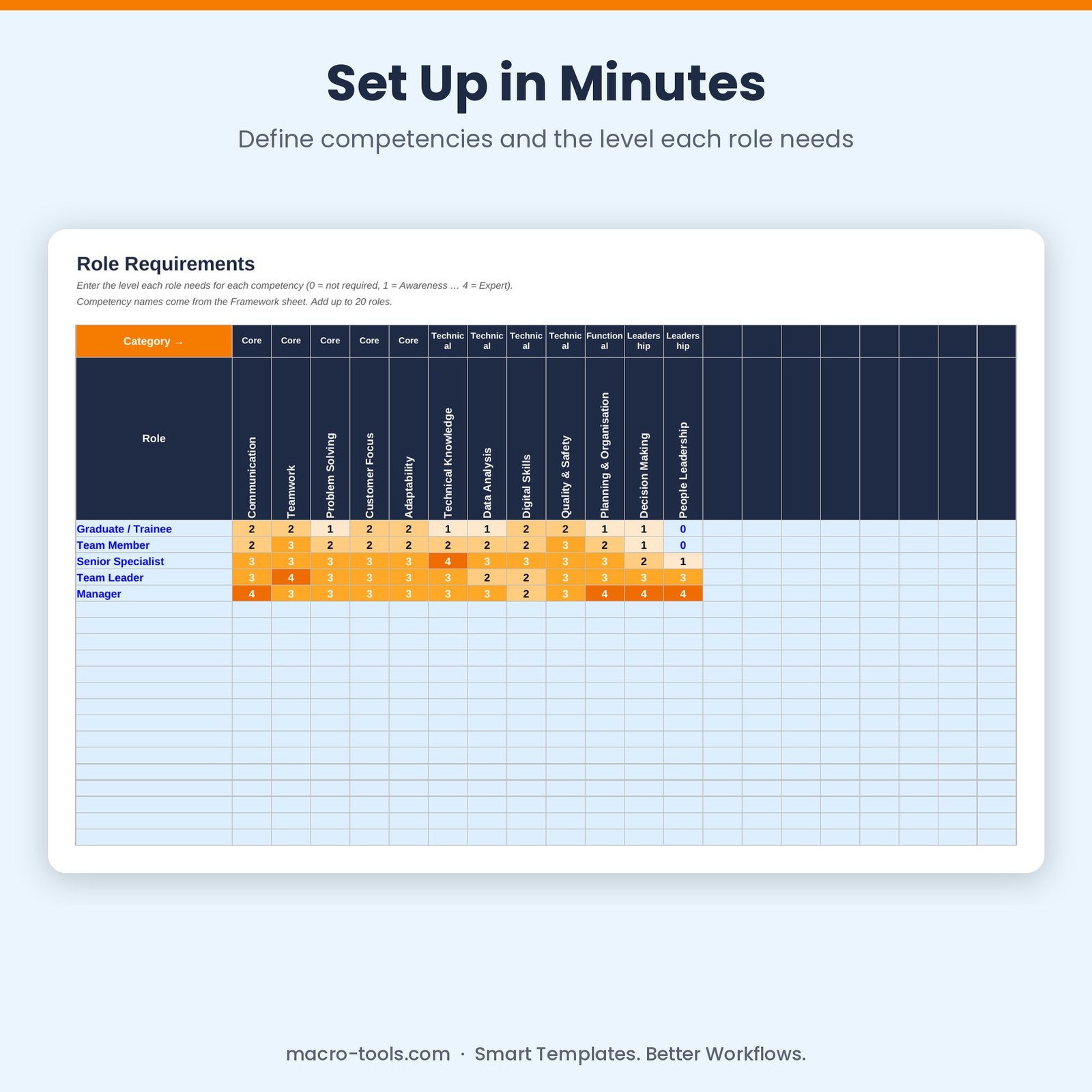 Role requirements sheet setting required competency levels per role