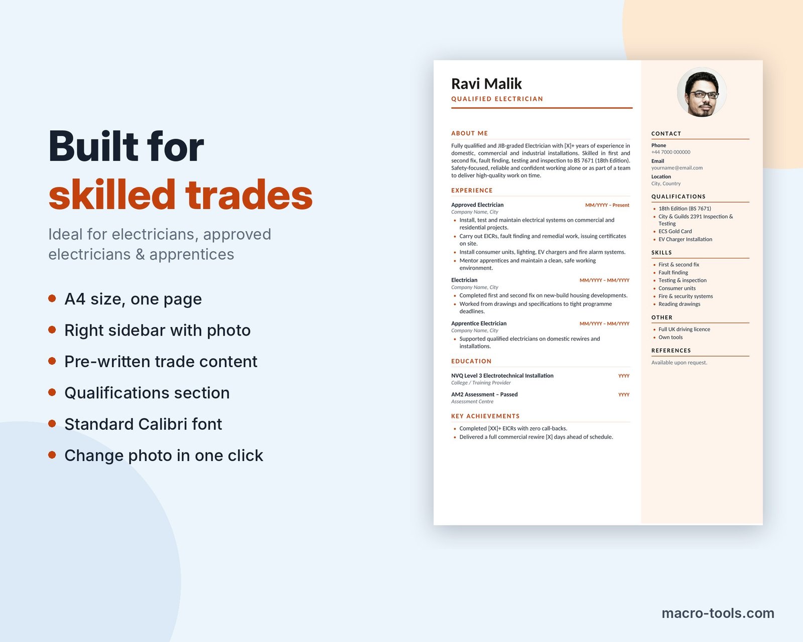 Electrician resume template features